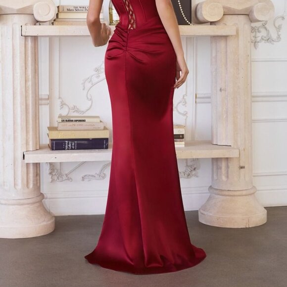 New Soft Navy Strapless Evening Soft Satin Pleated Dress w/ Boned Bodice CD T611 - Picture 7 of 10